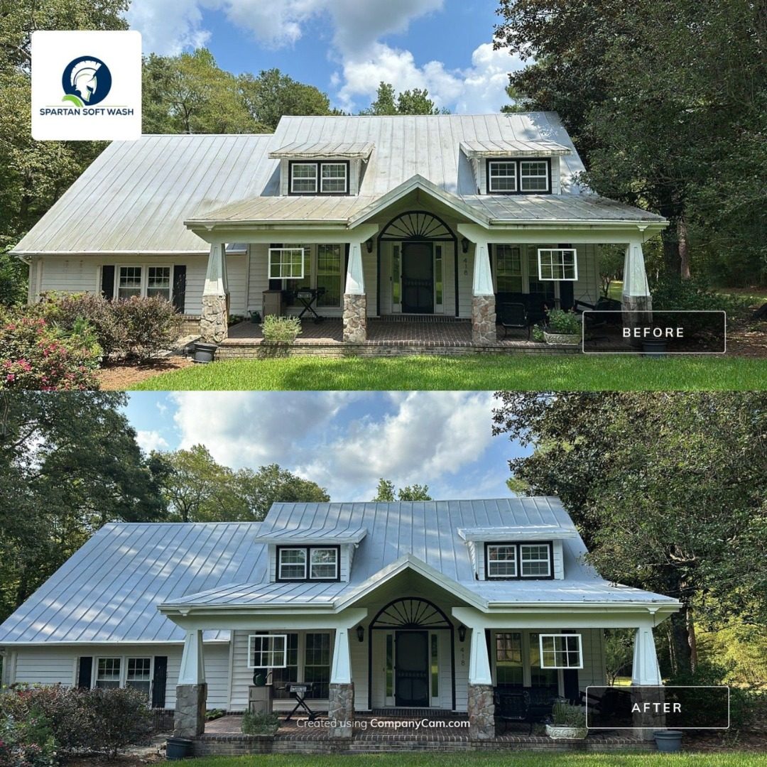 whole-house soft wash of a metal-roof home in Hobcaw, Mount Pleasant SC, before and after