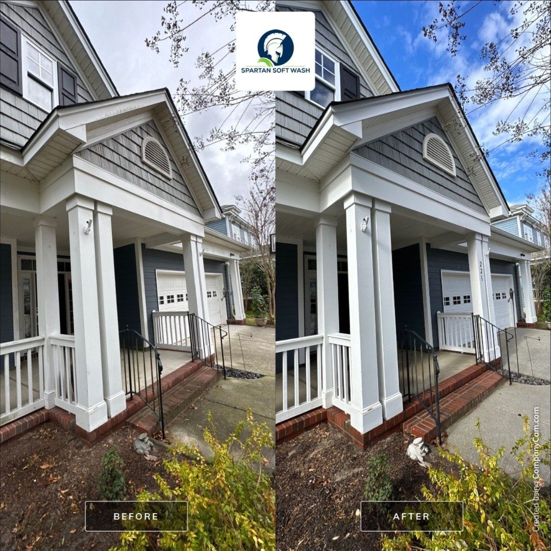 soft washing a Lowcountry home with a columned front porch in the Old Village, Mount Pleasant SC, before and after