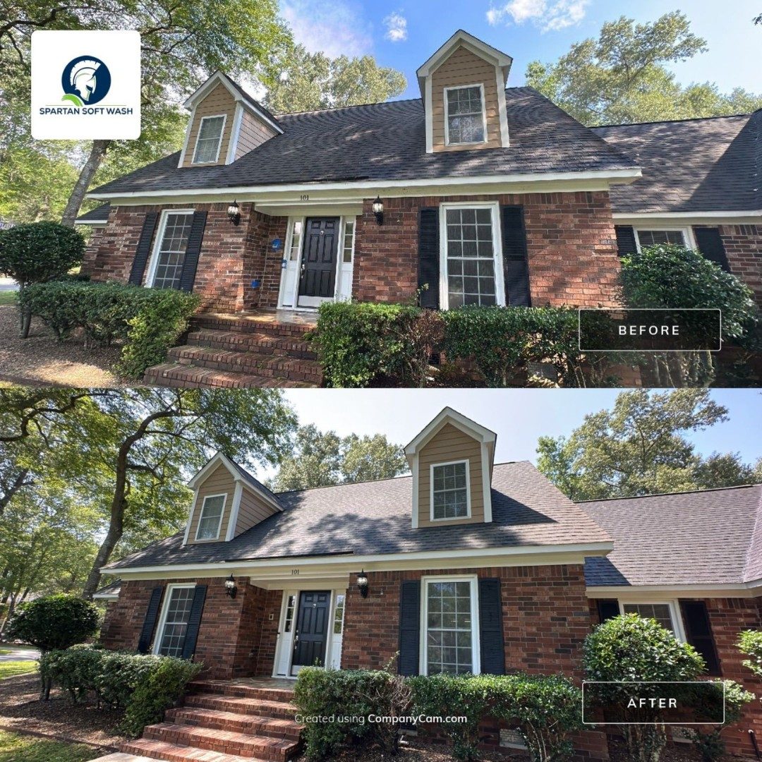roof soft washing removes black streaks from a brick home in Mount Pleasant SC, before and after