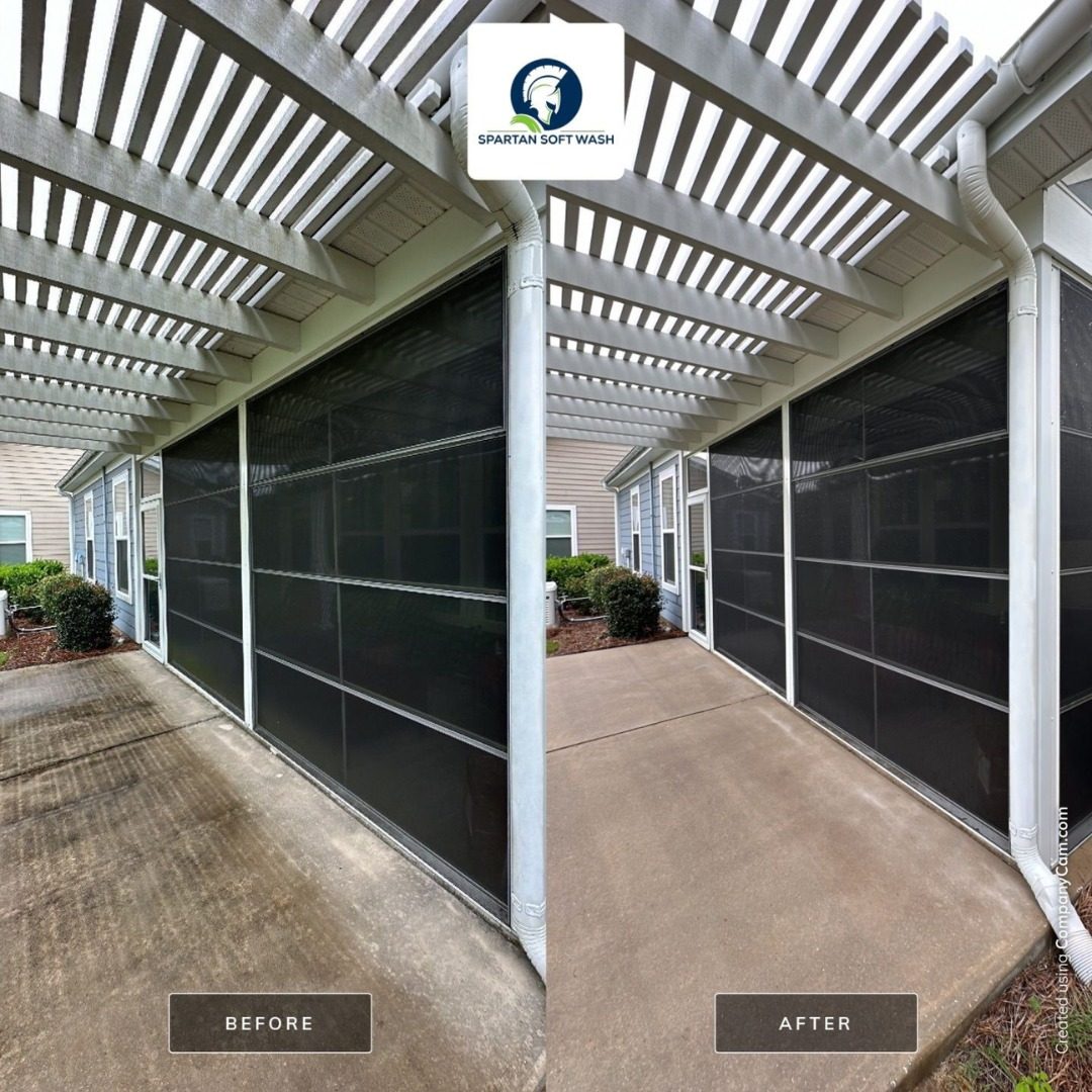 soft washing a screened porch and pergola walkway in Mount Pleasant SC, before and after