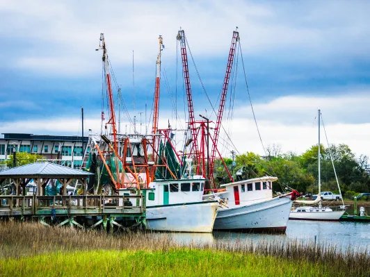 Shrimp boats docked at Shem Creek in Mount Pleasant SC