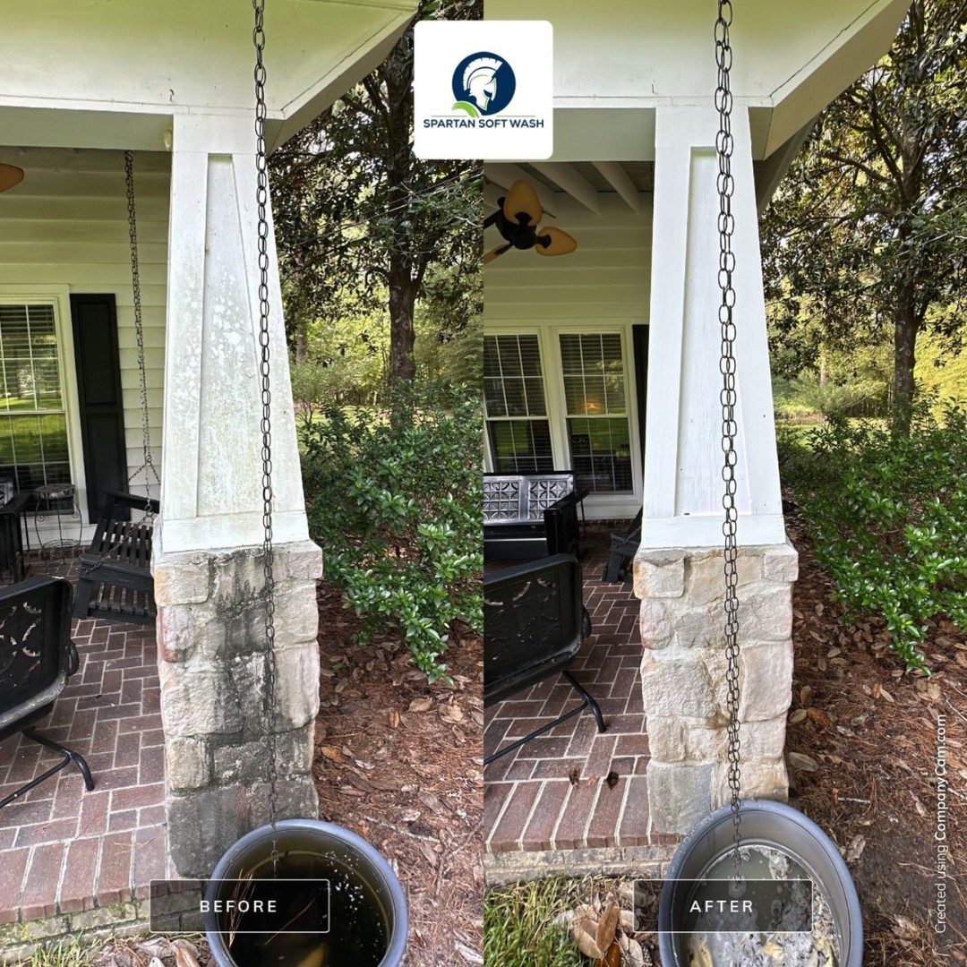 soft washing a stone column front porch in Hobcaw, Mount Pleasant SC, before and after