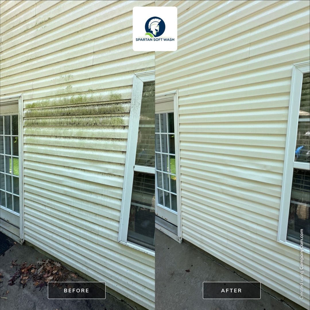 soft washing vinyl siding with heavy green algae in Mount Pleasant SC, before and after
