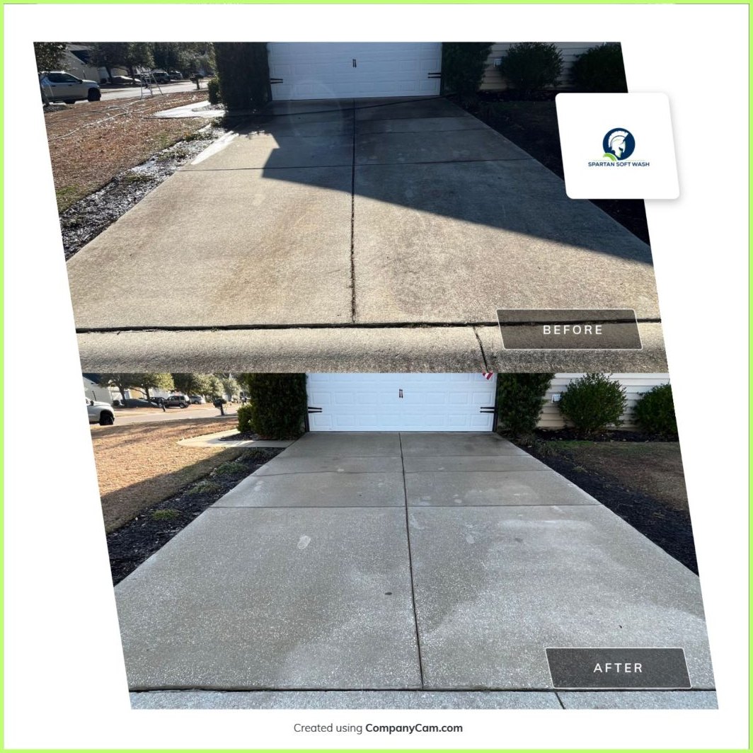 Concrete driveway in Summerville SC before and after power washing with a surface cleaner
